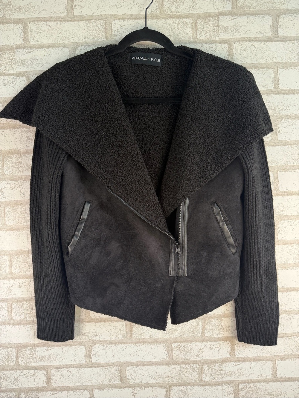 Kendall & Kylie Black Teddy Shearling Moto Jacket